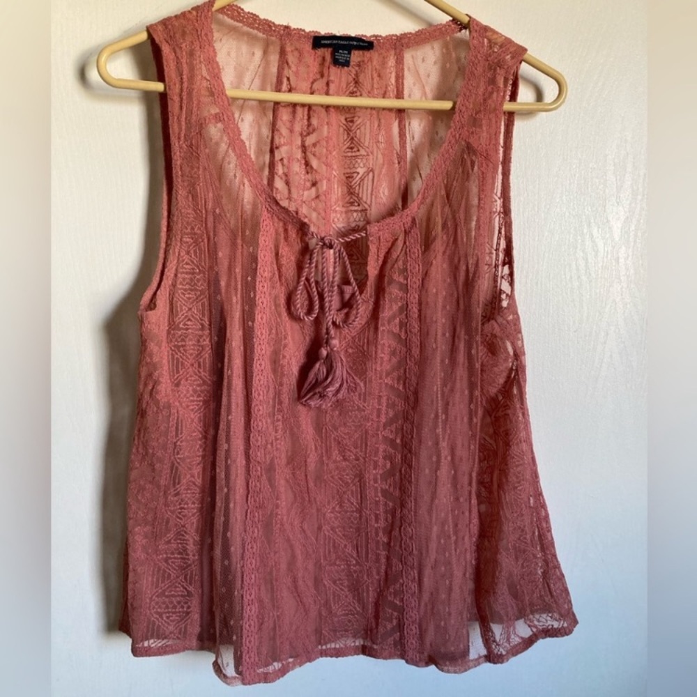 *American Eagle Coral Sheer Pattern Lace Tassel Over Tank Top Medium Blouse #MBG